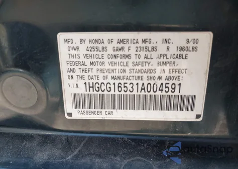 2001 Honda Accord 3.0 Ex from USA, damaged, VIN 1HGCG16531A004591